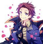  black_gloves blazer blue_eyes cape gloves grin index_finger_raised jacket male_focus momofukki necktie petals red_hair smile solo umineko_no_naku_koro_ni ushiromiya_battler 