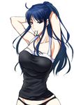  adjusting_hair armpits arms_up black_panties blue_eyes blue_hair breasts cowboy_shot grisaia_(series) grisaia_no_kajitsu grisaia_no_meikyuu hair_tie kusakabe_asako large_breasts long_hair looking_at_viewer mouth_hold nekonoyuzu no_pants panties ponytail simple_background solo tank_top underwear white_background 