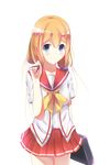  blue_eyes charlotte_(anime) hafrizalramad highres long_hair looking_at_viewer nishimori_yusa orange_hair pleated_skirt red_skirt school_uniform simple_background skirt solo white_background 