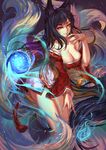  ahri animal_ears aurora_rokudo bare_legs bare_shoulders black_hair breasts cleavage collarbone detached_sleeves fox_ears fox_tail glowing korean_clothes large_breasts league_of_legends light_smile long_hair long_sleeves low_neckline magic multiple_tails off_shoulder orb parted_lips solo standing tail very_long_hair whisker_markings yellow_eyes 