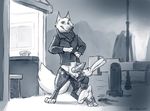  2015 adam_wan ambiguous_gender animal_genitalia balls bottomless canine canine_penis clothed clothing digitigrade disney fox half-dressed interspecies kneeling knot lagomorph larger_male male mammal monochrome outside pants_down partially_clothed penis rabbit size_difference zootopia 