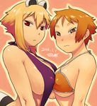  animal_ears araiguma-san asymmetrical_docking blush breast_press breasts brown_eyes brown_hair covered_nipples dated huge_breasts large_breasts looking_at_viewer mole mole_on_breast multiple_girls orange_background original raccoon_ears raccoon_tail short_hair sideboob simple_background slingshot_swimsuit swimsuit tail tsukudani_(coke-buta) tsurime-chan underboob wavy_mouth 