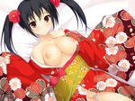  ass_visible_through_thighs bed_sheet black_hair blush breasts brown_eyes collarbone flower hair_flower hair_ornament highres ihara_asta japanese_clothes kimono large_breasts long_hair looking_at_viewer lying nipples on_back original solo thigh_gap twintails wide_sleeves 