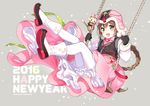  2016 :d boots braid brown_hair chinese_zodiac dress gloves green_eyes happy_new_year hat long_hair monkey nardack new_year open_mouth original pantyhose smile solo swing white_legwear year_of_the_monkey 