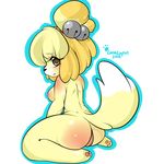  2015 alpha_channel animal_crossing blonde_hair breasts butt canine dog female fur hair isabelle_(animal_crossing) kneeling looking_at_viewer looking_back luna_lupin mammal nintendo nipples pussy rear_view side_boob simple_background solo transparent_background video_games yellow_fur 