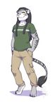  anthro clothed clothing dreadlocks ear_piercing feline hands_in_pockets invalid_tag kittydee looking_at_viewer male mammal piercing sharp_teeth simple_background smile solo standing stripes teeth white_background 