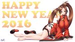  2016 ankle_boots arm_strap arm_support bare_shoulders barefoot beer_can boots breasts brown_eyes brown_hair buckle can chinese_clothes covered_nipples detached_sleeves english feet frills full_body gradient guilty_gear guilty_gear_xrd hair_ornament hairclip halterneck happy_new_year high_heel_boots high_heels highres impossible_clothes kuradoberi_jam large_breasts legs long_hair lying new_year on_side pelvic_curtain shadow shoes_removed signature simple_background sleeves_past_wrists solo tassel turtleneck twintails very_long_hair white_background wide_sleeves yama-michi 