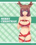  2015 animal_ears antlers artist_name ass_visible_through_thighs bell breasts brown_hair christmas dated green_background green_eyes hand_on_own_chest horns large_breasts merry_christmas naked_ribbon original plaid plaid_background reindeer_antlers reindeer_ears ribbon short_hair signature solo tenjou_tsuki 