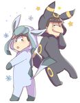  animal_costume bangs black_eyes black_hair blunt_bangs brothers chibi cosplay eyebrows eyebrows_visible_through_hair full_body gen_2_pokemon gen_4_pokemon glaceon glaceon_(cosplay) koineko_(aph0310) looking_at_viewer male_focus matsuno_ichimatsu matsuno_karamatsu multiple_boys osomatsu-kun osomatsu-san pokemon siblings simple_background smirk snowflakes star umbreon umbreon_(cosplay) white_background 