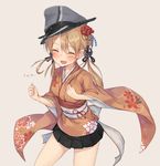  ^_^ blonde_hair blush closed_eyes hair_ornament hat japanese_clothes kantai_collection kimono long_hair metindone open_mouth peaked_cap prinz_eugen_(kantai_collection) smile solo twintails 