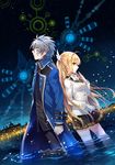  1girl back-to-back blonde_hair blue_eyes clenched_hand coat dutch_angle from_side full_blade_ignition green_eyes hair_ornament highres long_hair looking_at_viewer looking_away looking_up nardack night norn_origen official_art pleated_skirt school_uniform short_hair silver_hair skirt sky soludo thighhighs town wading water white_legwear wind 
