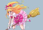  :d asahina_mirai blonde_hair blue_background boots bow broom broom_riding chocokin cure_miracle full_body gloves hair_bow hairband half_updo hat knee_boots long_hair magical_girl mahou_girls_precure! mini_hat mini_witch_hat open_mouth pink_hat pink_skirt ponytail precure purple_eyes red_bow signature skirt smile solo white_footwear white_gloves witch_hat 