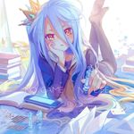  :&lt; achyue argyle bishop_(chess) black_legwear blonde_hair blue_hair blush book book_stack card chess_piece copyright_name crown game_console green_hair hair_between_eyes hand_on_own_cheek head_rest heart holding indoors king_(chess) knight_(chess) long_hair long_sleeves looking_at_viewer lying multicolored multicolored_eyes no_game_no_life no_shoes on_stomach open_book playing_card red_eyes revision school_uniform serafuku shiro_(no_game_no_life) solo spade_(shape) thighhighs very_long_hair yellow_eyes 