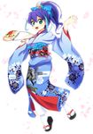  :d absurdres akatsu_masato blue_hair bow full_body green_eyes hair_bow highres japanese_clothes kimono multicolored_hair obi open_mouth petals ponytail sandals sash serena_(yuu-gi-ou_arc-v) smile socks solo two-tone_hair yuu-gi-ou yuu-gi-ou_arc-v 