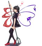  ahoge asymmetrical_hair asymmetrical_wings black_dress black_hair black_legwear breasts dress full_body fuwatoro_(enemy-of-society) heart highres houjuu_nue looking_at_viewer polearm red_eyes red_footwear shiny shiny_clothes shiny_hair shoes short_dress simple_background small_breasts solo thighhighs tongue tongue_out touhou trident weapon white_background wings zettai_ryouiki 