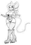  anthro black_and_white boots breasts clothing collar corset female fishnet footwear full-length_portrait fur hair high_heels legwear looking_at_viewer mammal monochrome mouse rodent simple_background smile solo stockings tgwonder whip white_background 