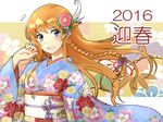  2016 abo_(hechouchou) blue_eyes braid brown_hair floral_print flying_sweatdrops granblue_fantasy highres japanese_clothes kimono lecia_(granblue_fantasy) long_hair long_sleeves looking_at_viewer new_year obi sash smile solo very_long_hair wide_sleeves 