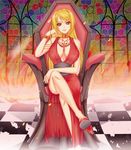  absurdres bad_deviantart_id bad_id blonde_hair breasts cleavage covered_nipples dress highres large_breasts long_hair nipples original red_dress ryuuzouji_usagi see-through small_nipples smile solo 