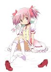  bubble_skirt full_body highres kaname_madoka kinfuji kneehighs kyubey magical_girl mahou_shoujo_madoka_magica official_style pink_eyes pink_hair shoes_removed short_hair sitting skirt twintails white_background white_legwear 