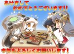  black_hair chibi commentary_request detached_sleeves flying_sweatdrops food green_eyes grey_hair haruna_(kantai_collection) hisahiko kantai_collection katsuragi_(kantai_collection) long_hair multiple_girls nontraditional_miko northern_ocean_hime orange_eyes osechi shinkaisei-kan translation_request white_hair wide_sleeves wo-class_aircraft_carrier younger 