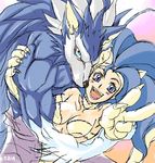  :d animal_ears big_hair blue_eyes blue_hair cat_ears fangs felicia gallon hug looking_at_viewer lowres muscle open_mouth raiwa_higashi smile v vampire_(game) werewolf 
