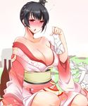  alcohol alternate_costume alternate_hairstyle arm_support bare_shoulders black_hair blush bottle braid breasts chestnut_mouth commentary_request drunk fingernails floral_print full-face_blush fusou_(kantai_collection) hair_ornament holding holding_bottle japanese_clothes jun'you_(kantai_collection) kantai_collection kimono kuon_(nokokopopo) large_breasts long_hair long_sleeves multiple_girls nachi_(kantai_collection) nail_polish obi off_shoulder open_mouth pink_nails red_eyes sake sash side_ponytail single_braid sitting spiked_hair tatami tokkuri wide_sleeves 