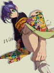  barefoot blue_hair english feet floral_print green_eyes hand_on_own_knee head_tilt highres japanese_clothes kimono looking_at_viewer multicolored_hair new_year no_shoes null2deoru obi sash serena_(yuu-gi-ou_arc-v) shadow short_ponytail simple_background single_sock sitting socks solo tabi toenails two-tone_hair yuu-gi-ou yuu-gi-ou_arc-v 
