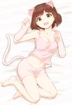  animal_ears arm_warmers bare_legs bare_shoulders barefoot breasts brown_hair cat_ears cat_tail cleavage dated fang full_body green_eyes idolmaster idolmaster_cinderella_girls looking_at_viewer lying maekawa_miku medium_breasts midriff nagian navel on_back open_mouth short_hair shorts smile solo tail tank_top 