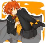  ahoge cape capelet command_spell fate/grand_order fate_(series) fujimaru_ritsuka_(female) hobii_(lebataka08) legwear_under_shorts orange_eyes orange_scrunchie pantyhose pantyhose_under_shorts red_hair scrunchie shorts side_ponytail smile solo 