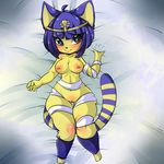  2015 ahoge animal_crossing ankha areola bandage bed blush breasts cat crown feline female fur grey_eyes hair luna_lupin lying mammal navel nintendo nipple_piercing nipples nude on_back piercing purple_hair pussy solo tiara video_games yellow_fur 