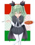  ame. anchovy anzio_school_uniform brown_eyes cape drill_hair food fork girls_und_panzer green_hair long_hair necktie one_eye_closed pantyhose pasta school_uniform solo spaghetti twin_drills twintails 