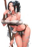  black_hair breasts cleavage daeho_cha facial_mark green_eyes highres jewelry large_breasts league_of_legends lips long_hair navel nidalee open_mouth pole polearm ponytail signature simple_background solo tribal weapon white_background 