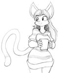  anthro black_and_white cat clothed clothing cup feline female mammal monochrome simple_background sketch solo sweater tgwonder 