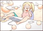  barefoot black_border blonde_hair blush border breast_mousepad breasts flying_breasts keyboard_(computer) lowres mousepad mousepad_(object) nose_picking original rarako self-portrait tablet_pc twintails 