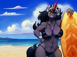  2015 4:3 abs anthro anthrofied beach big_breasts bikini black_hair breasts clothing crossgender digital_media_(artwork) equine eyelashes fangs female friendship_is_magic green_sclera grin hair hi_res horn huge_breasts jewelry king_sombra_(mlp) long_hair looking_at_viewer mammal muscular muscular_female my_little_pony navel necklace outside patreon red_eyes seaside smile solo surfboard swimsuit unicorn wallpaper zwitterkitsune 
