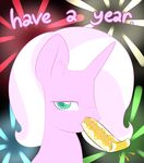  2015 equine fan_character female fireworks fur hair holidays horn horse lamia_(character) lamiaaaa mammal my_little_pony new_year party_whistle pink_fur pink_hair pony portrait teal_eyes unicorn white_hair 