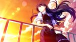  black_hair blue_neckwear from_below game_cg grisaia_(series) grisaia_no_kajitsu highres long_hair necktie outdoors purple_eyes sakaki_yumiko school_uniform sky solo watanabe_akio 