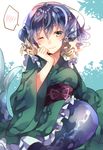  bad_id bad_twitter_id blue_eyes blue_hair blush drill_hair head_fins highres japanese_clothes kimono long_sleeves looking_at_viewer mermaid monster_girl obi one_eye_closed ribbon sash short_hair smile solo sweetroad touhou wakasagihime wide_sleeves 