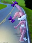 babs_bunny bbmbbf bow butt detailed_background female fur half-closed_eyes hitchhiking lagomorph looking_at_viewer looking_back mammal nude outside photo_background pink_fur public_nudity pussy rabbit rear_view solo thumb tiny_toon_adventures warner_brothers 