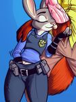  anthro badge ball_lick balls belt blue_background breasts brown_fur canine clothed clothing disney duo erection eyes_closed female fox fur handjob judy_hopps lagomorph larger_male licking liquidmark male male/female mammal masturbation nick_wilde oral penis police sex simple_background size_difference smaller_female tongue tongue_out vein veiny_penis zootopia 