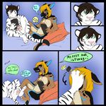  anthro blue_eyes canine comic dialogue dog duo english_text feet feline female gaming green_eyes hair incorgnito keevu male mammal nude paws pillow playing_videogame sitting skylar_(incorgnito) text tiger 