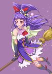  black_footwear black_gloves black_hat boots bow brooch broom broom_riding capelet chocokin cure_magical elbow_gloves full_body gloves hair_bow half_updo hat izayoi_liko jewelry knee_boots long_hair magical_girl mahou_girls_precure! mini_hat mini_witch_hat precure purple purple_background purple_eyes purple_hair purple_skirt red_bow signature skirt smile solo twintails witch_hat 