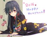 2016 bad_id bad_pixiv_id black_hair hair_ribbon happy_new_year japanese_clothes kimono long_hair new_year ribbon solo sweatdrop tama_(05728) yahari_ore_no_seishun_lovecome_wa_machigatteiru. yukinoshita_yukino 