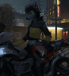  2015 anthro biker black_hair black_nose canine city clothed clothing detailed detailed_background digital_media_(artwork) digital_painting_(artwork) dog english_text female fur gloves grey_fur hair hi_res husky jacket lamppost leaves lofi looking_at_viewer mammal motorcycle multicolored_fur navel night outside pants shirt solo text tree two_tone_fur vehicle white_fur 