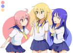  :d ^_^ blonde_hair blue_sailor_collar closed_eyes girl_sandwich hand_on_another's_shoulder haseneko hinata_yukari ichii_yui index_finger_raised long_hair multiple_girls nonohara_yuzuko open_mouth pink_hair pleated_skirt sailor_collar sandwiched school_uniform school_uniform_(yuyushiki) serafuku short_hair skirt smile yellow_eyes yuyushiki 