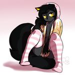  2015 ambiguous_gender anthro black_fur black_hair canine clothed clothing digital_media_(artwork) fur grey_fur hair kittydee legwear looking_at_viewer mammal navel pink_background simple_background sitting socks solo thigh_highs 