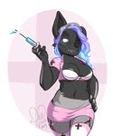  anthro areola blue_hair bra breasts canine clothing female fur garter grey_fur hair hat hybrid kittydee mammal navel no_pupils nurse nurse_uniform one_eye_closed simple_background smile solo standing syringe underwear uniform wide_hips 