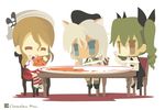  ^_^ anchovy beret blue_eyes brown_eyes brown_hair cape chameleon_man_(three) chibi closed_eyes country_connection crossover drill_hair eating flat_color food food_on_face fork girls_und_panzer giuseppina_ciuinni green_hair hair_ribbon hat headdress kantai_collection littorio_(kantai_collection) multiple_girls no_lineart pantyhose pasta ribbon school_uniform smile trait_connection uniform white_background white_hair white_legwear world_witches_series 