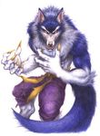  claws clenched_teeth colored_pencil_(medium) fur gallon looking_at_viewer no_humans pants pose purple_pants ribbon solo tail teeth toku_nami traditional_media vampire_(game) werewolf white_background yellow_ribbon 