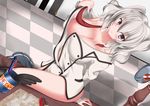  absurdres arm_support blush breasts christmas cleavage dutch_angle english feathers hachiyou_(yatsuha) highres ink_pen kantai_collection kashima_(kantai_collection) large_breasts no_bra open_clothes open_shirt partially_undressed shirt silver_hair smile solo underboob undressing uniform 